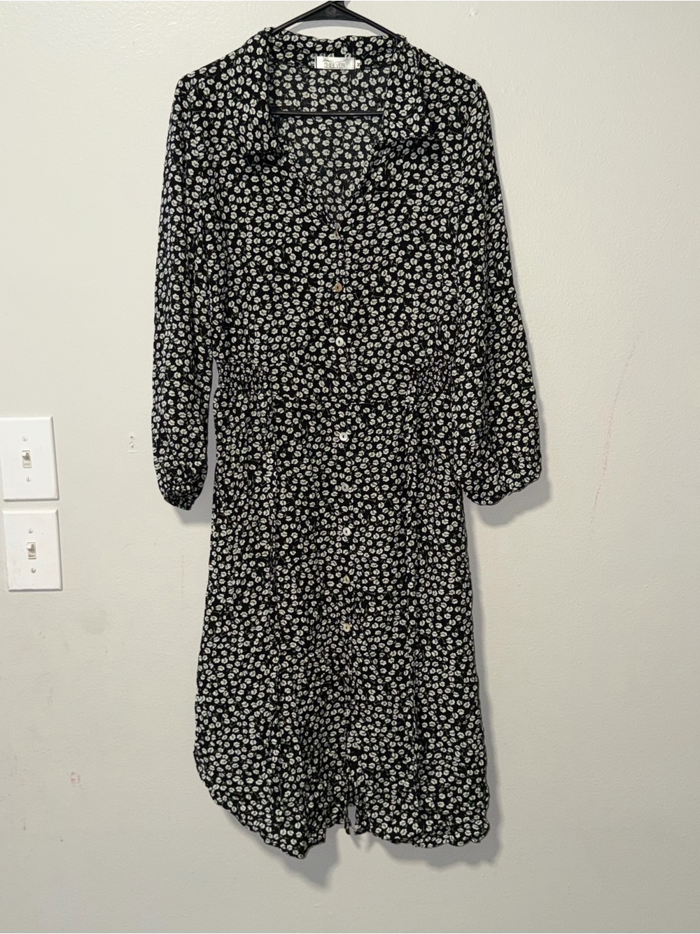 Black Floral Long-Sleeve Button-Front Midi Dress